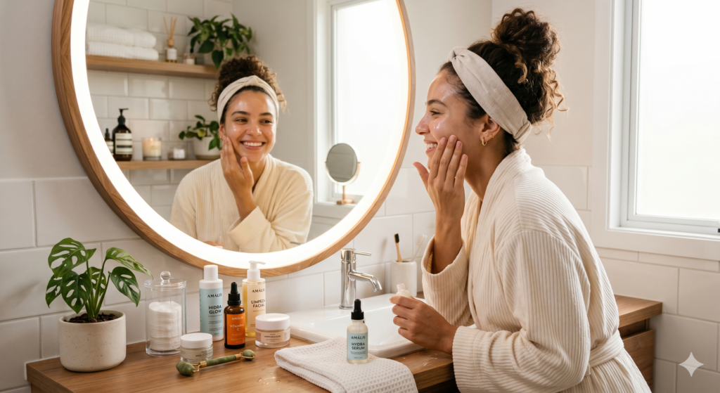 “Mulher realizando rotina de skincare”
“Produtos de beleza e autocuidado”